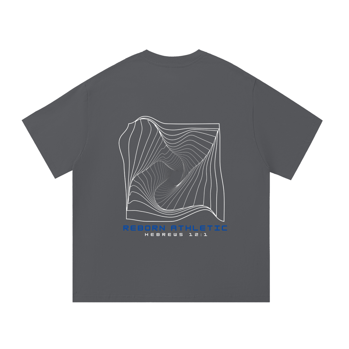 Essential Tee V5 oversized t-shirt in dark grey, back view with large abstract line-art graphic