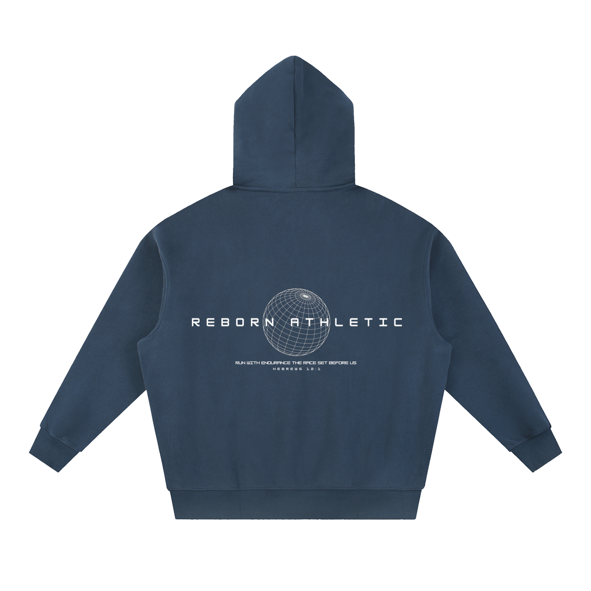 Essential Oversized Hoodie in navy blue, back view with globe graphic, Reborn Athletic and Hebrews 12:1 print