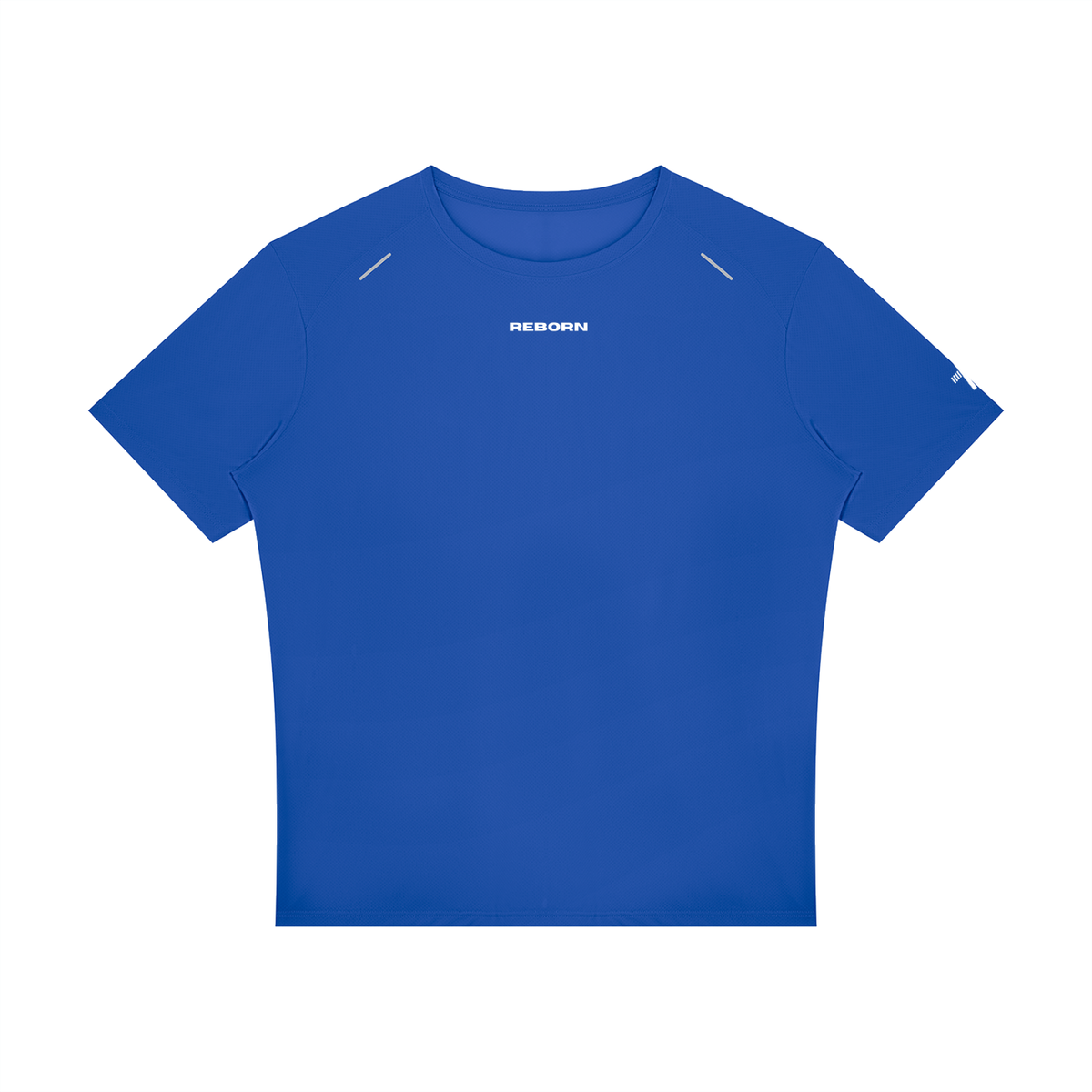 Raglan Reflective Tee in royal blue, front view with small Reborn chest logo and reflective trims