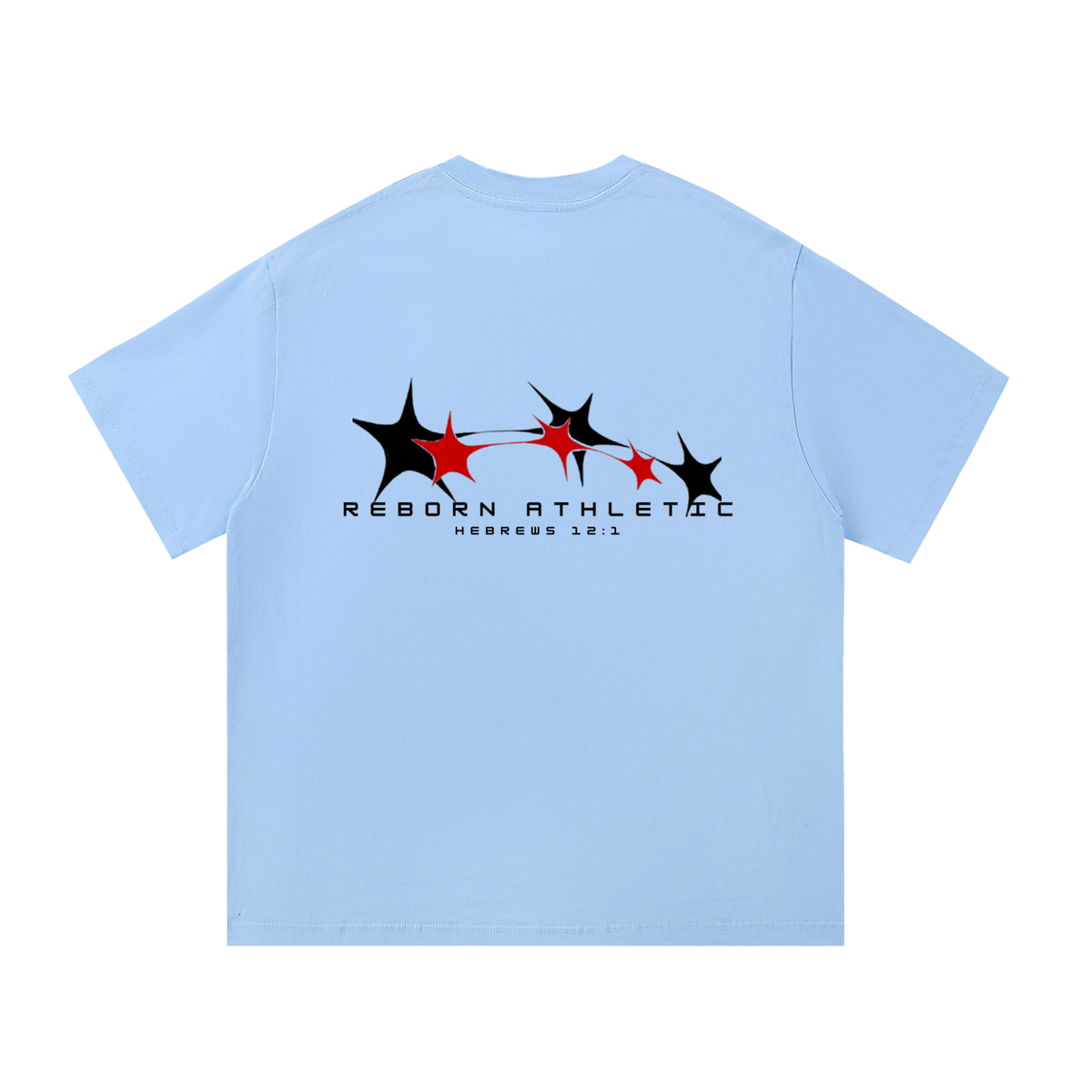 Essential Tee V1 oversized t-shirt in blue, back view with three-star Reborn Athletic graphic