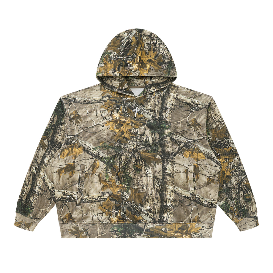 Technical Camo Box Hoodie in grey green tree camo, front view with hood and boxy oversized fit