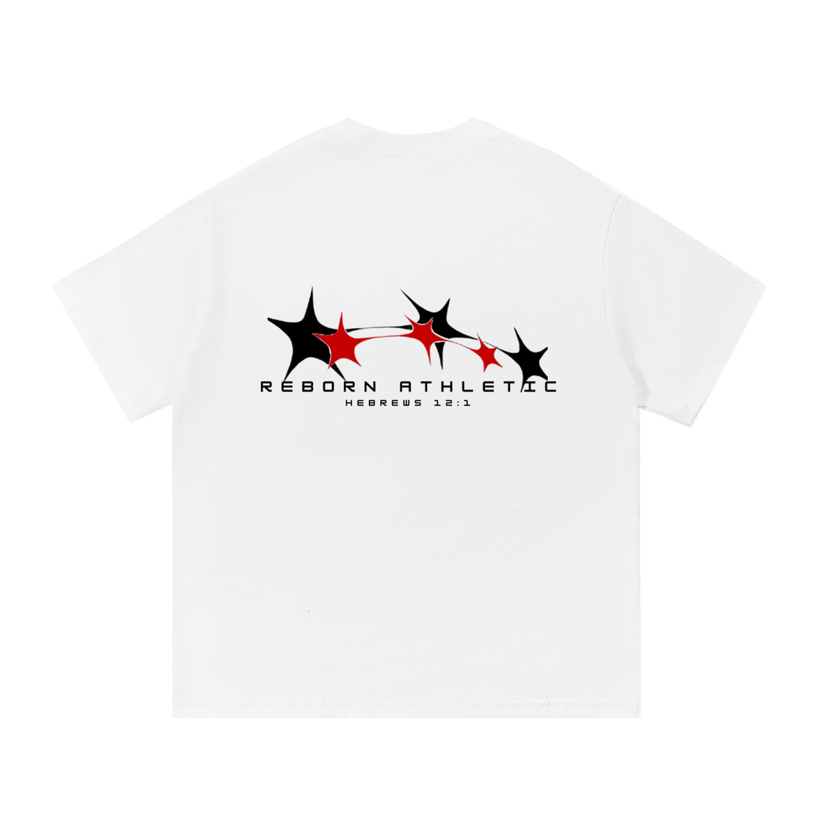 Essential Tee V1 oversized t-shirt in white, back view with three-star Reborn Athletic graphic