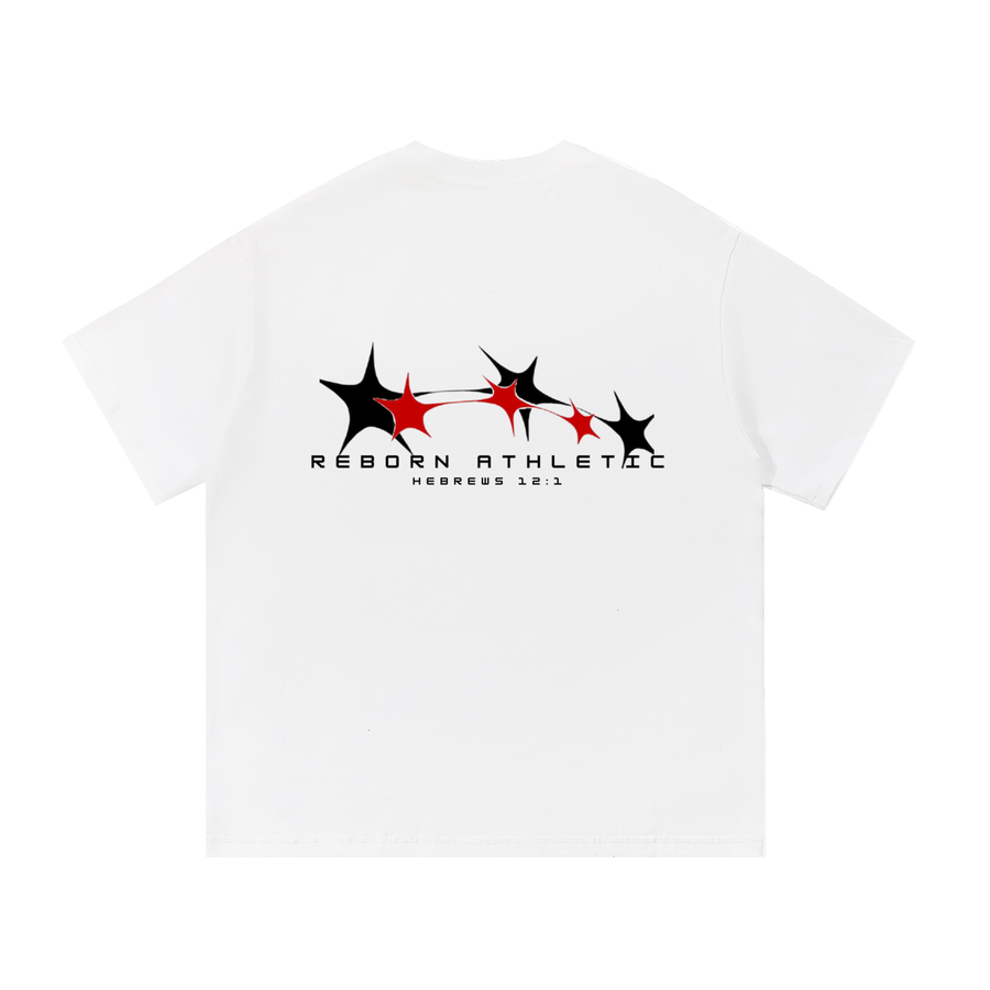 Essential Tee V1 oversized t-shirt in white, back view with three-star Reborn Athletic graphic