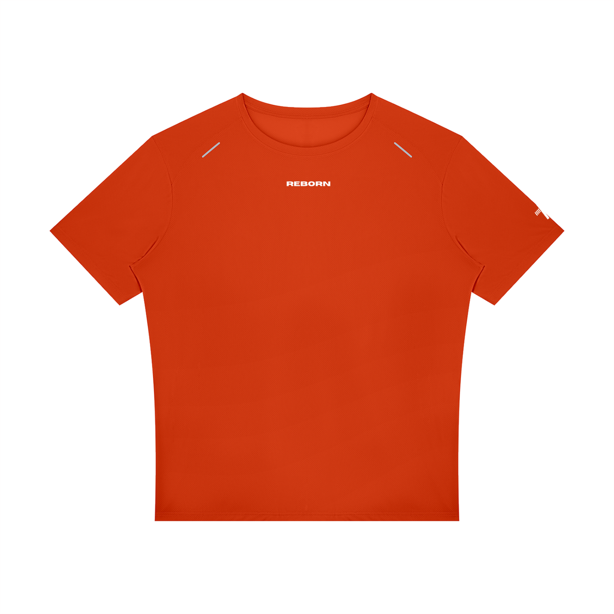 Raglan Reflective Tee in orange, front view with small Reborn chest logo and reflective trims