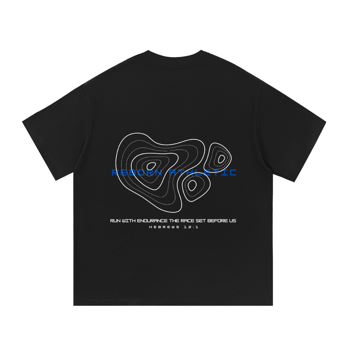 Essential Tee V3 oversized t-shirt in black, back view with blue line-art V3 graphic