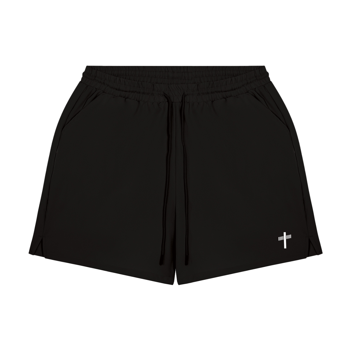 Black 2-in-1 performance compression shorts, front view with drawstring waist and white cross logo on the leg