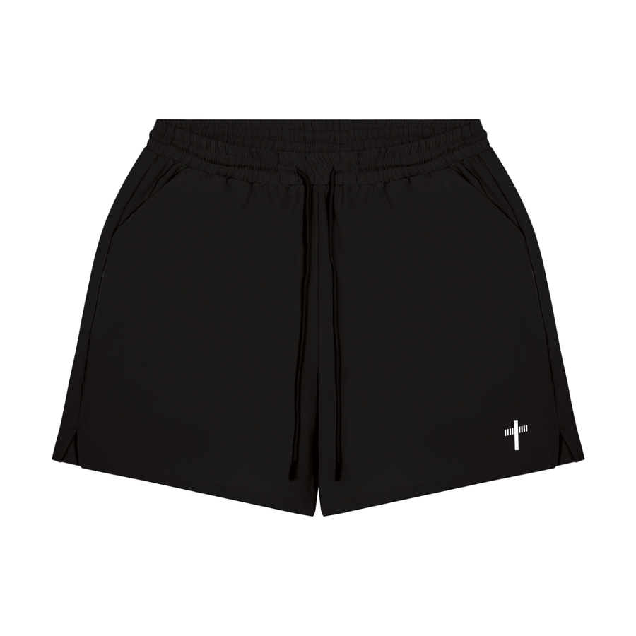 Black 2-in-1 performance compression shorts, front view with drawstring waist and white cross logo on the leg