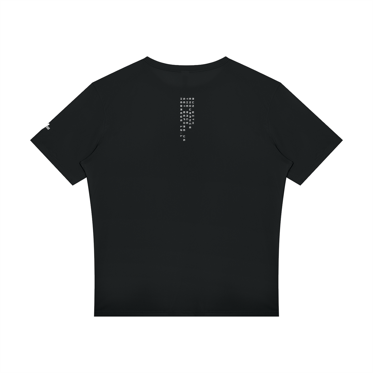 Raglan Reflective Tee in black, back view with small print below the collar
