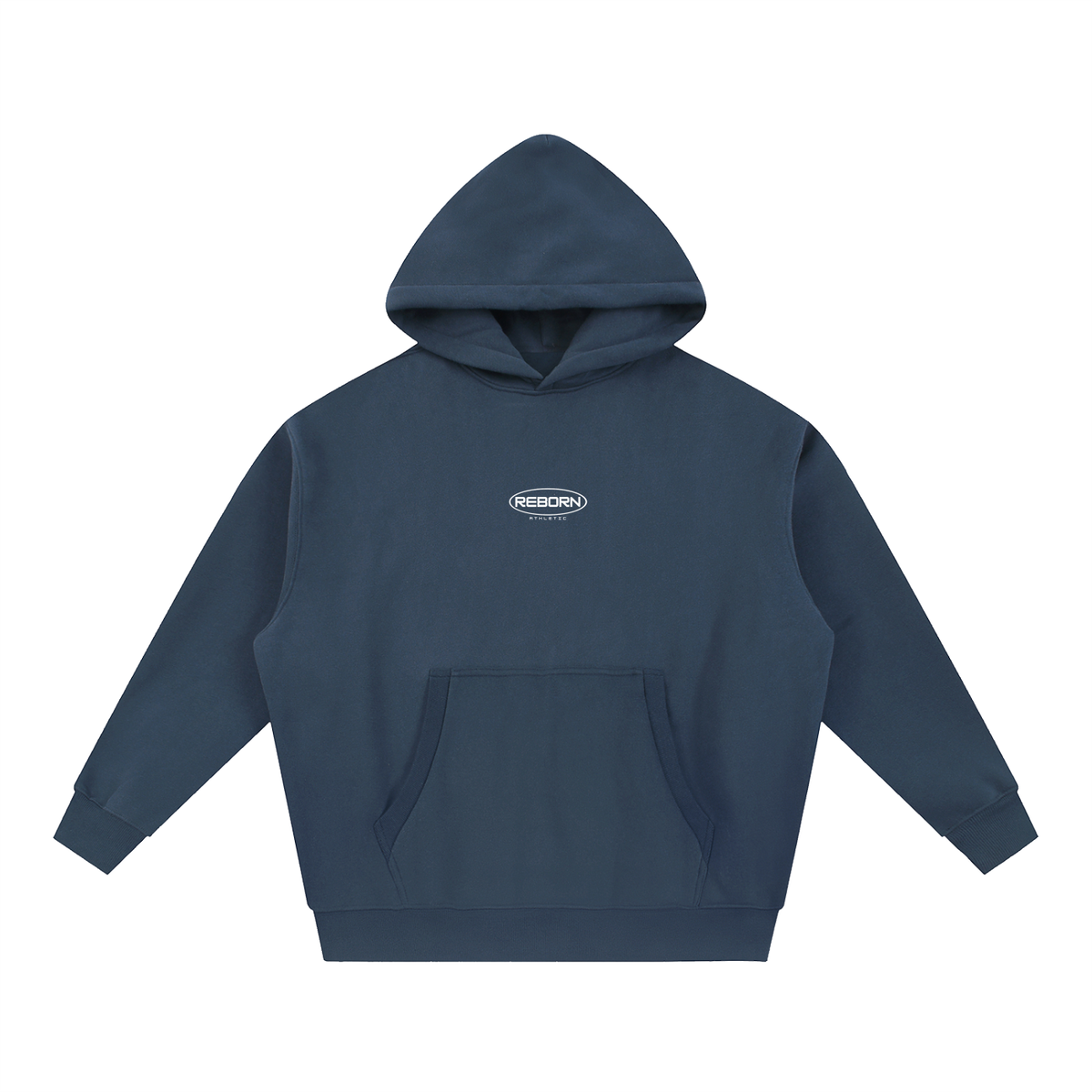 Essential Oversized Hoodie in navy blue, front view with small Reborn chest logo