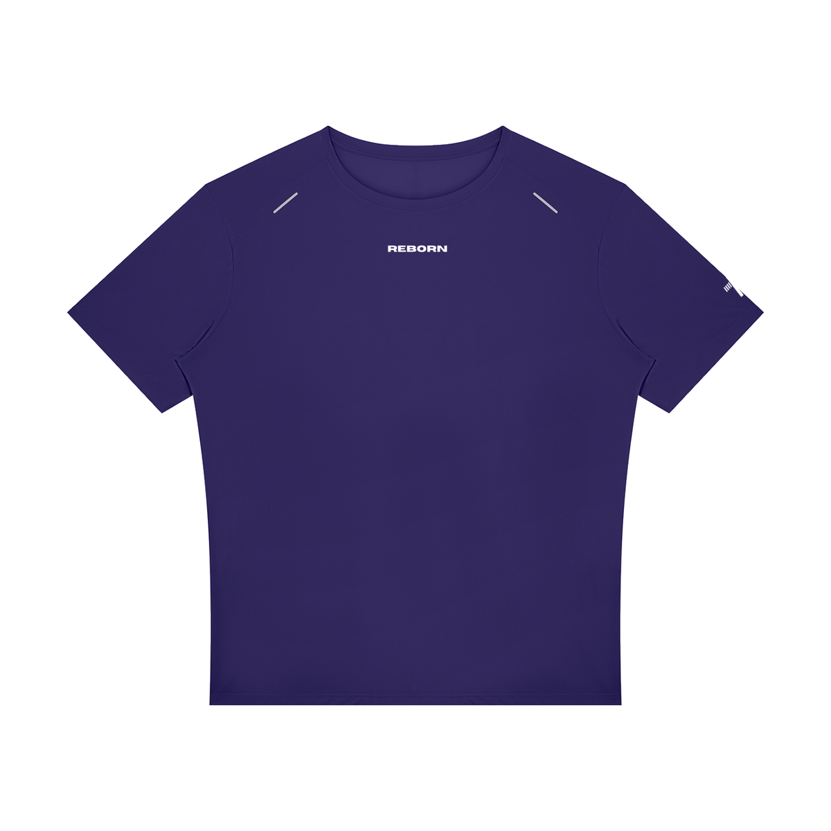 Raglan Reflective Tee in deep purple, front view with small Reborn chest logo and reflective trims