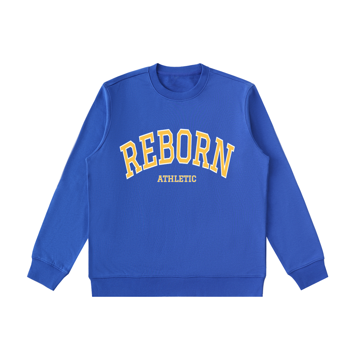 Essential Heavyweight Crewneck Sweatshirt in royal blue, front view with varsity Reborn chest print