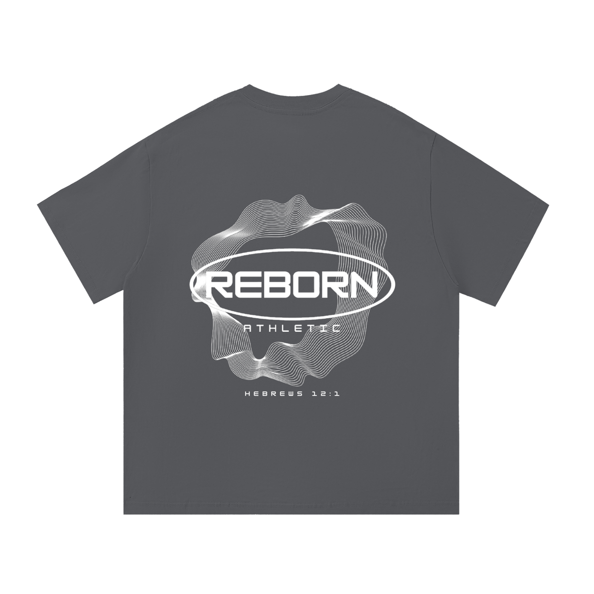 Essential Tee V2 oversized t-shirt in dark grey, back view with large Reborn oval logo graphic