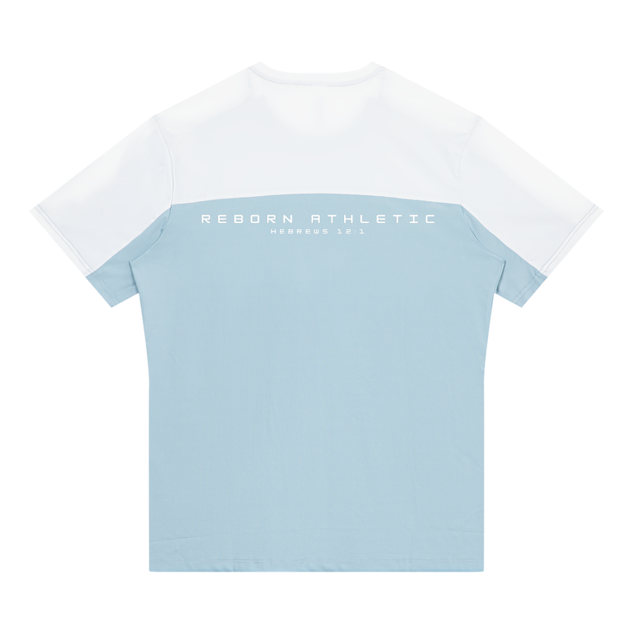 Colour Block Performance Tee in light blue with white shoulders, back view with Reborn Athletic text across the upper back