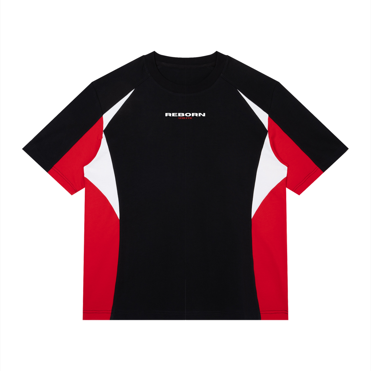 Raglan Colour Block Tee V2 in black with red side panels, front view with small Reborn chest logo