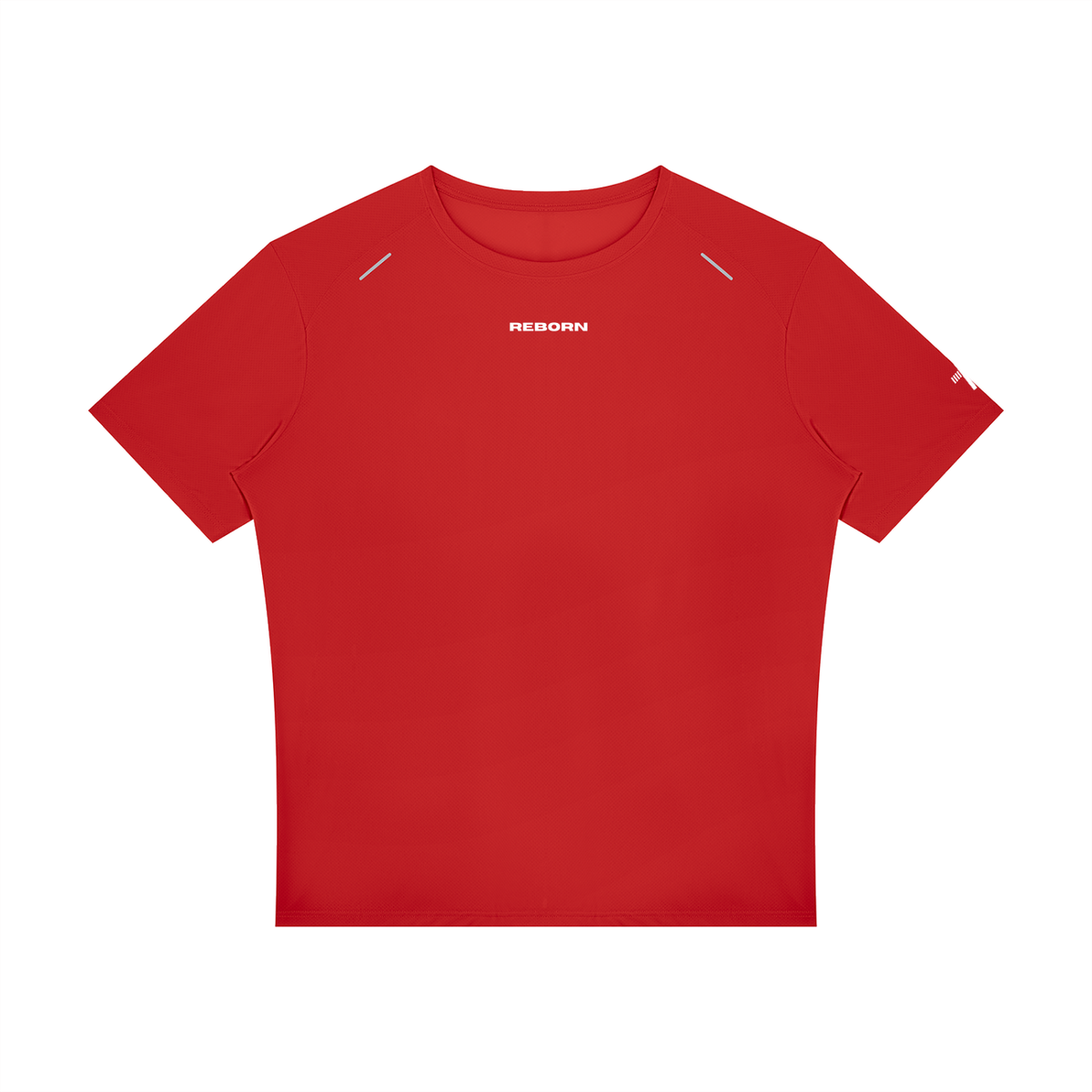 Raglan Reflective Tee in red, front view with small Reborn chest logo and reflective trims