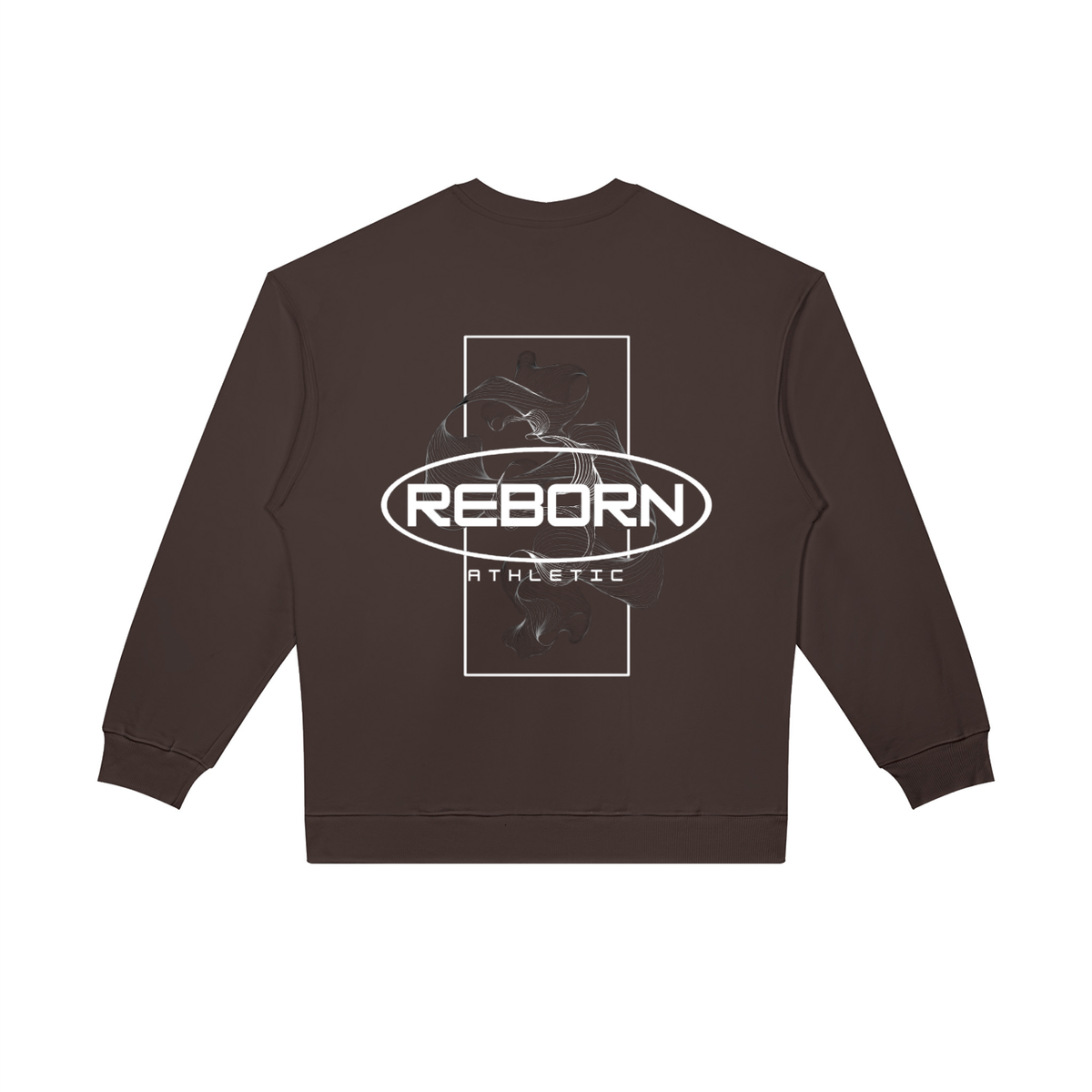 Oversized Crewneck Sweatshirt in dark brown, back view with large Reborn oval logo graphic