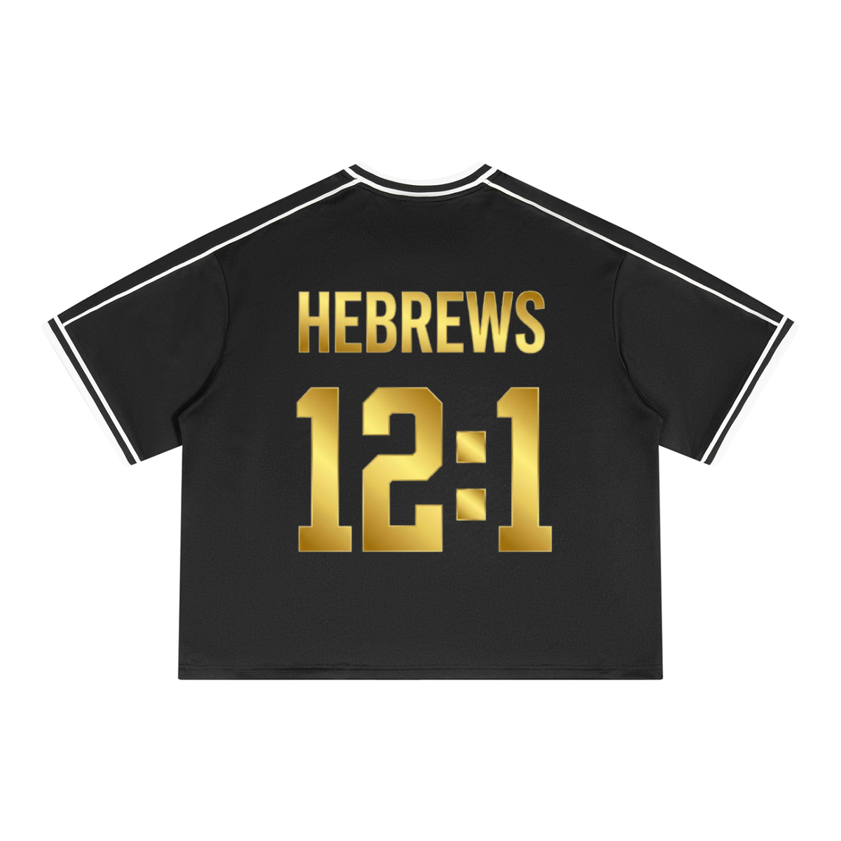 Vintage V-Neck Football Jersey in black with red, back view with gold Hebrews 12:1 print