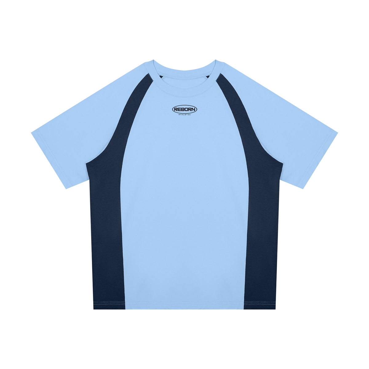 Raglan Colour Block Tee in light blue with navy blue side panels, front view with small Reborn chest logo