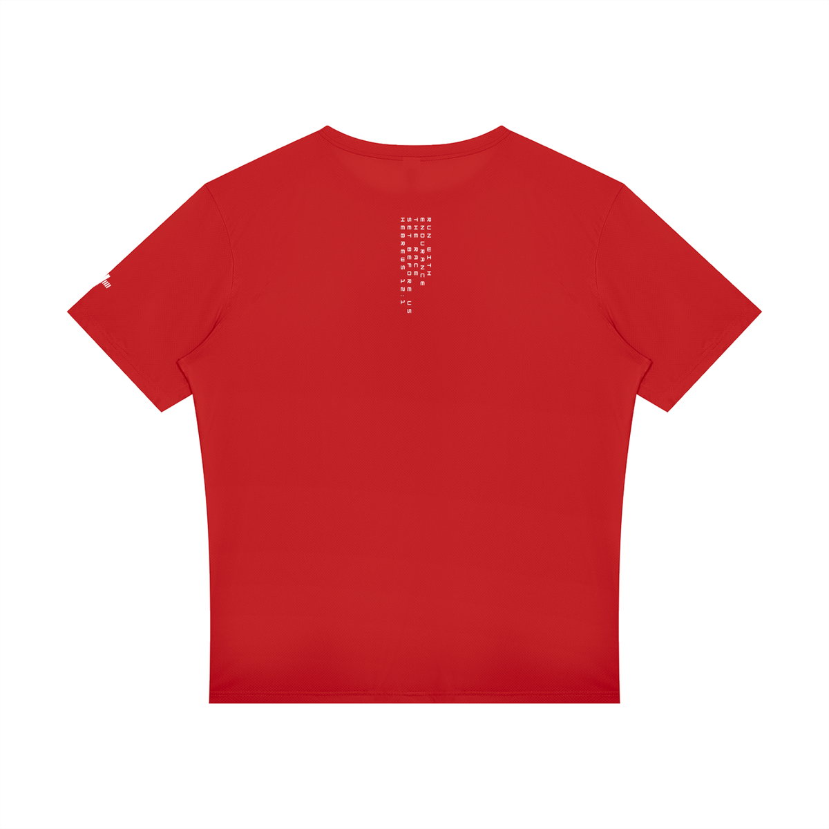 Raglan Reflective Tee in red, back view with small print below the collar