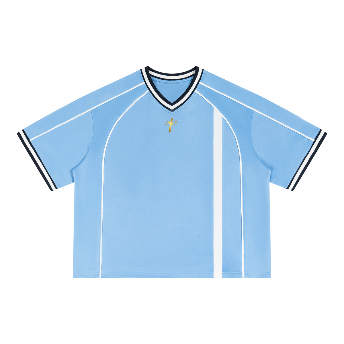 Vintage V-Neck Football Jersey in sky blue with white, front view with contrast piping and stripe