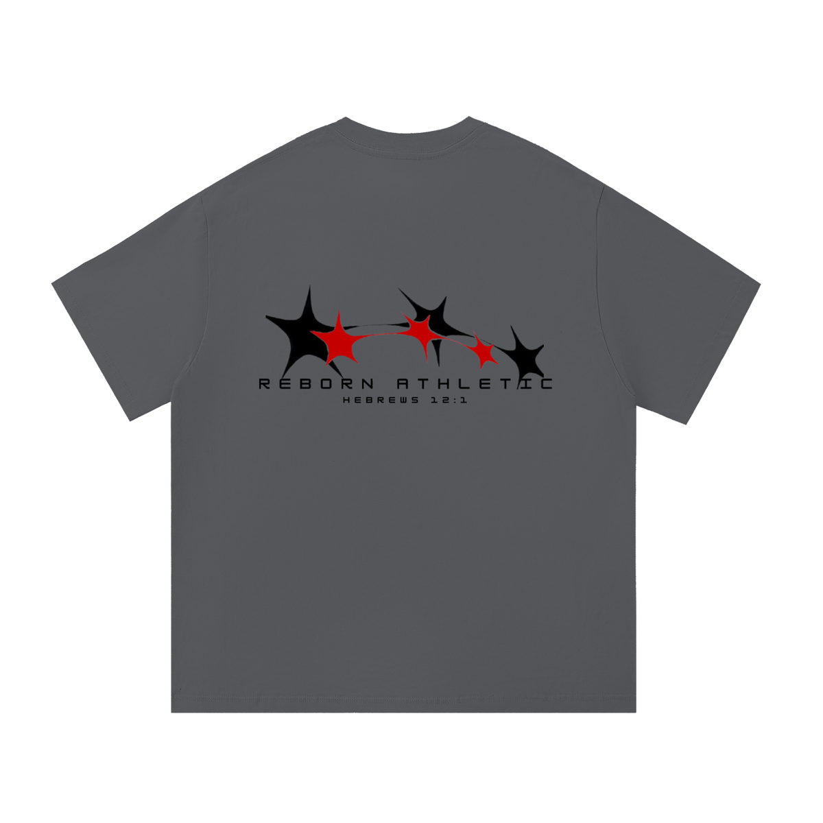 Essential Tee V1 oversized t-shirt in dark grey, back view with three-star Reborn Athletic graphic