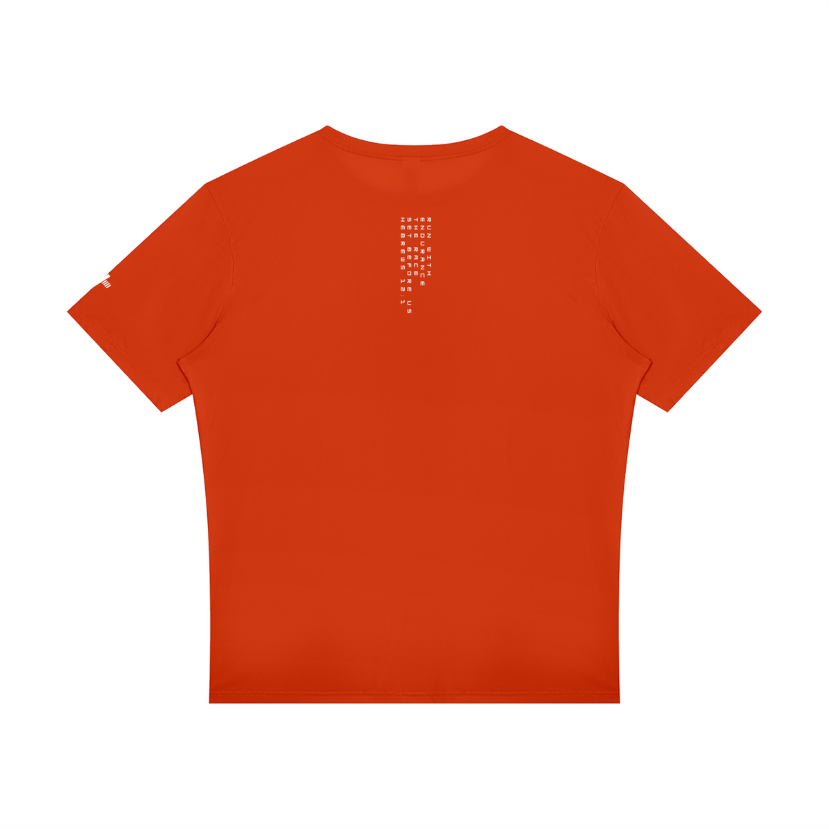 Raglan Reflective Tee in orange, back view with small print below the collar