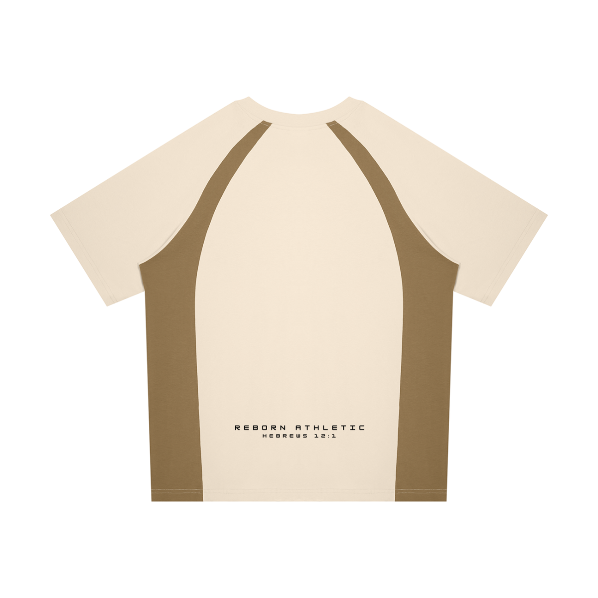 Raglan Colour Block Tee in beige camel with khaki side panels, back view with small Reborn Athletic text