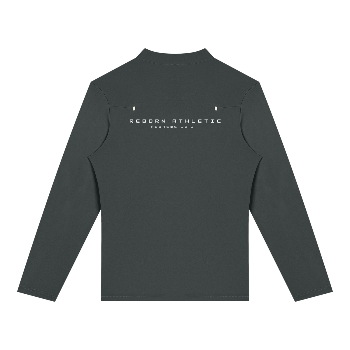Performance Training Quarter Zip in dark grey, back view with Reborn Athletic print across the shoulders