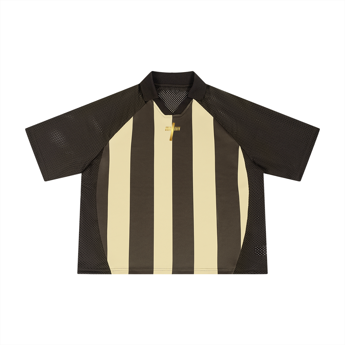 Vintage Mesh Football Jersey in coffee with apricot, front view with vertical stripes and mesh raglan sleeves