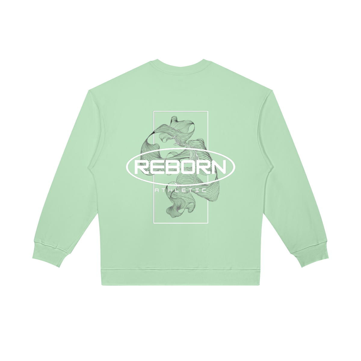 Oversized Crewneck Sweatshirt in light green, back view with large Reborn oval logo graphic