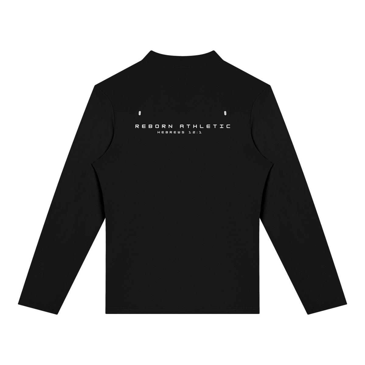Performance Training Quarter Zip in black, back view with Reborn Athletic print across the shoulders