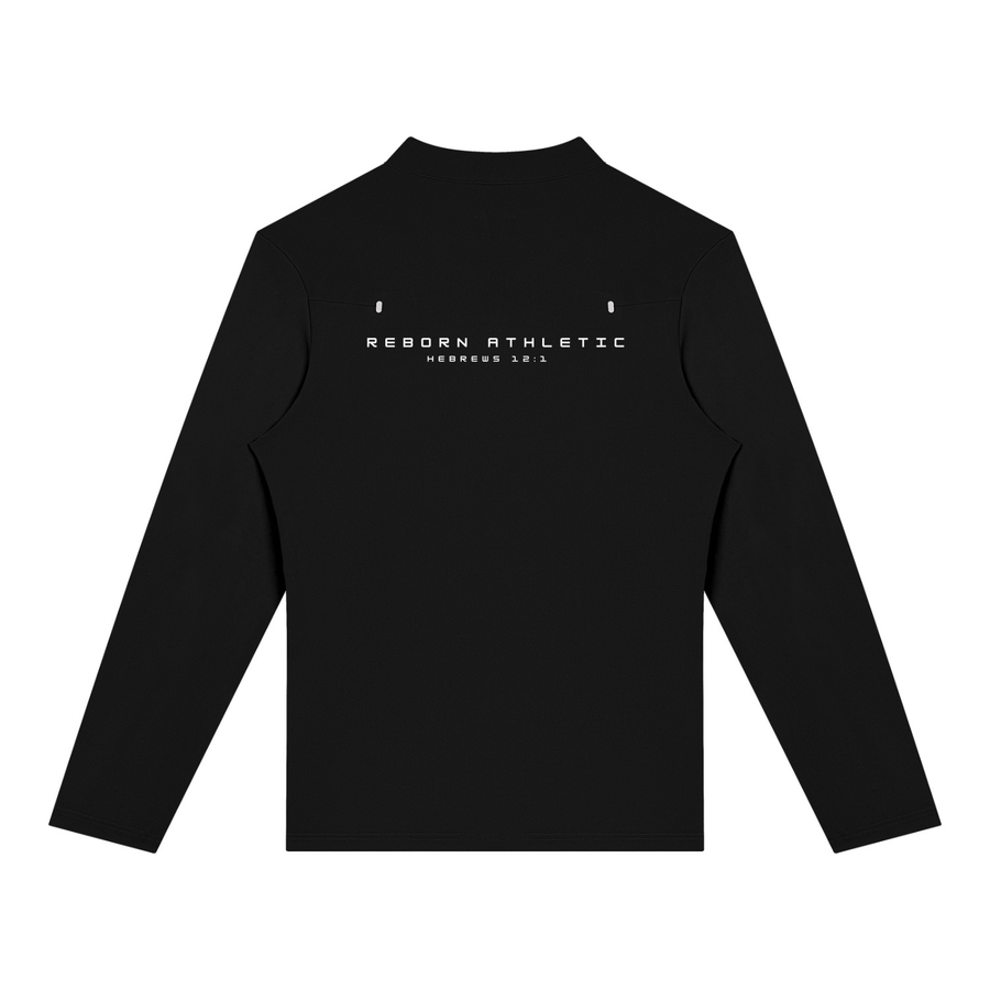 Performance Training Quarter Zip in black, back view with Reborn Athletic print across the shoulders