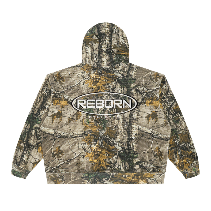 Technical Camo Box Hoodie in grey green tree camo, back view with large Reborn oval logo graphic