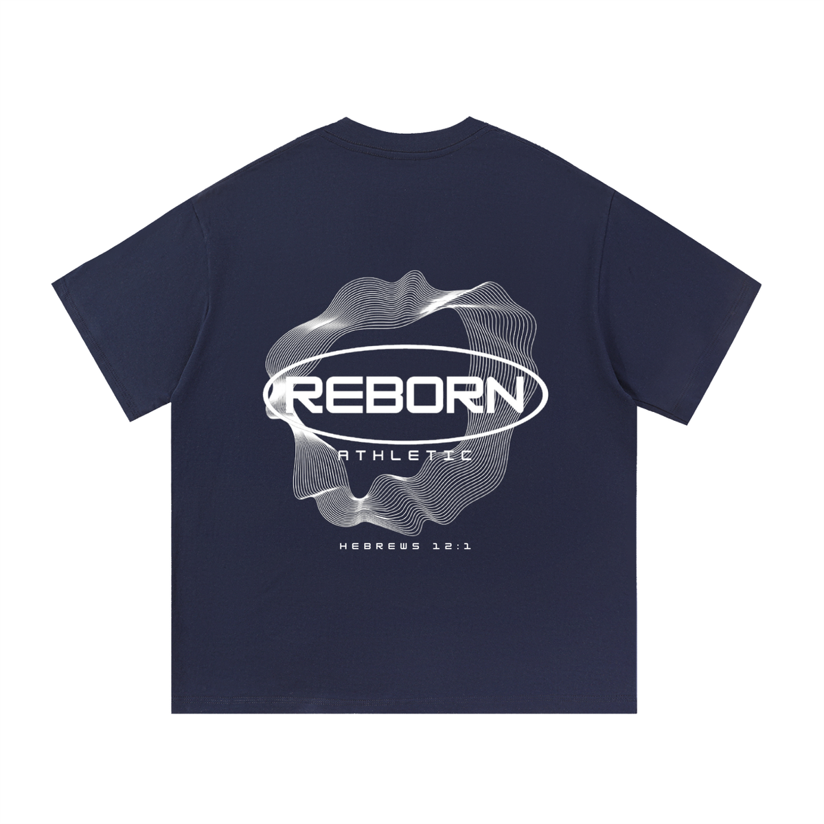 Essential Tee V2 oversized t-shirt in navy blue, back view with large Reborn oval logo graphic