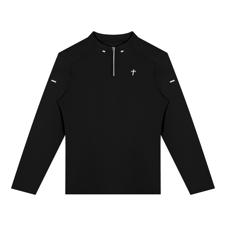 Performance Training Quarter Zip in black, front view with stand collar, half zip and small cross logo