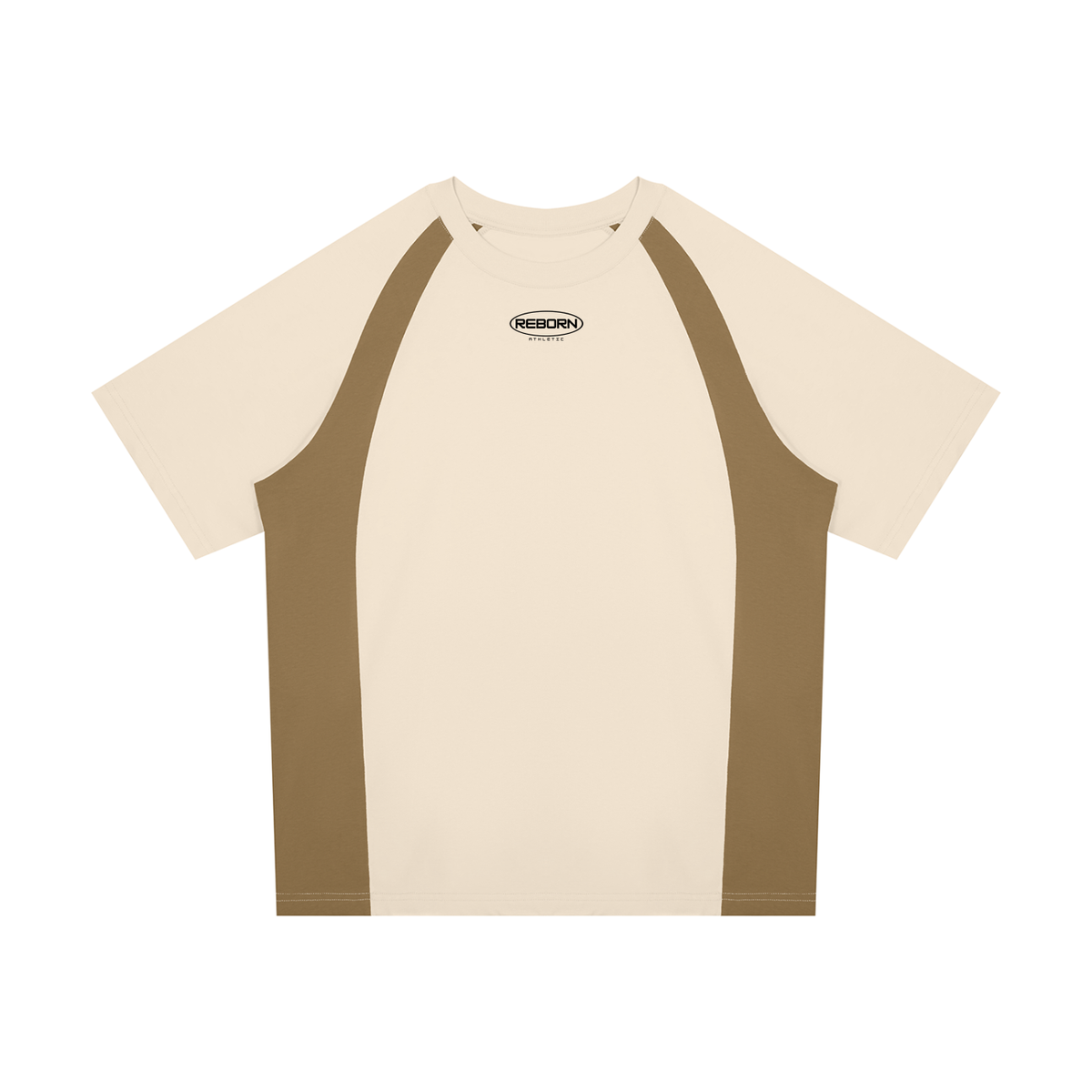 Raglan Colour Block Tee in beige camel with khaki side panels, front view with small Reborn chest logo