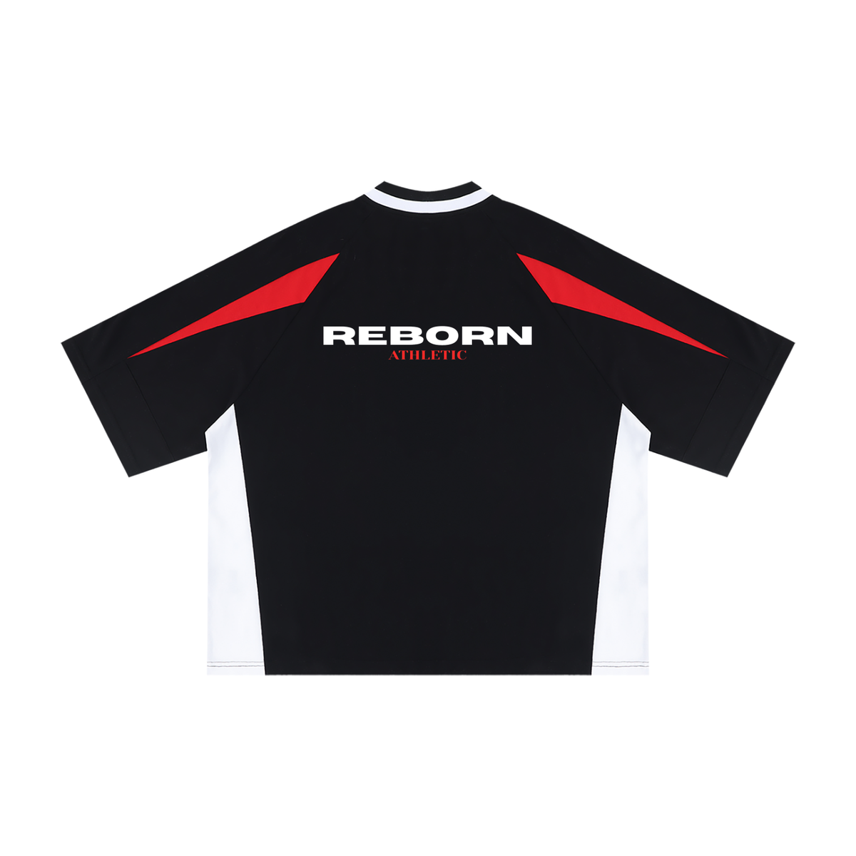 Oversized Colour Block Tee in black, back view with Reborn print across the upper back