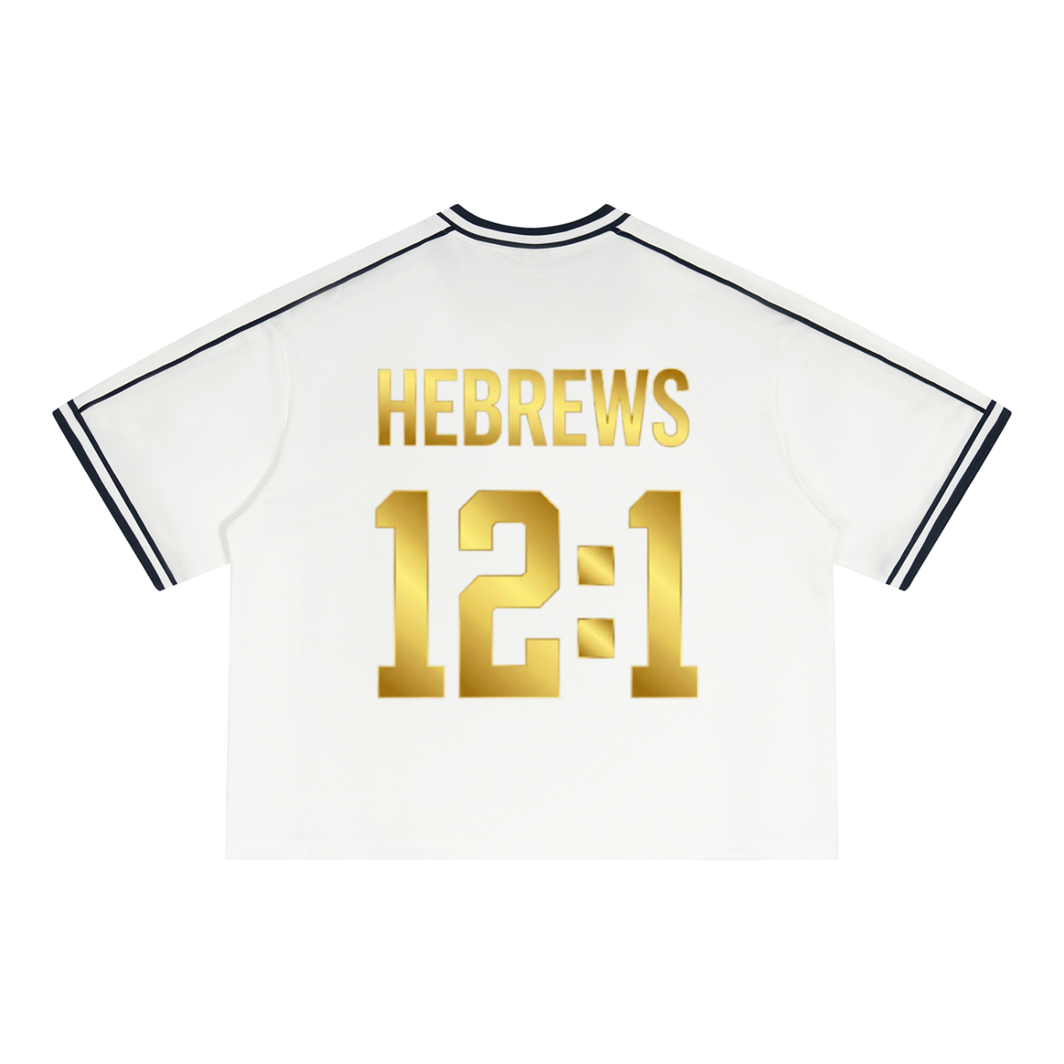 Vintage V-Neck Football Jersey in white with red, back view with gold Hebrews 12:1 print