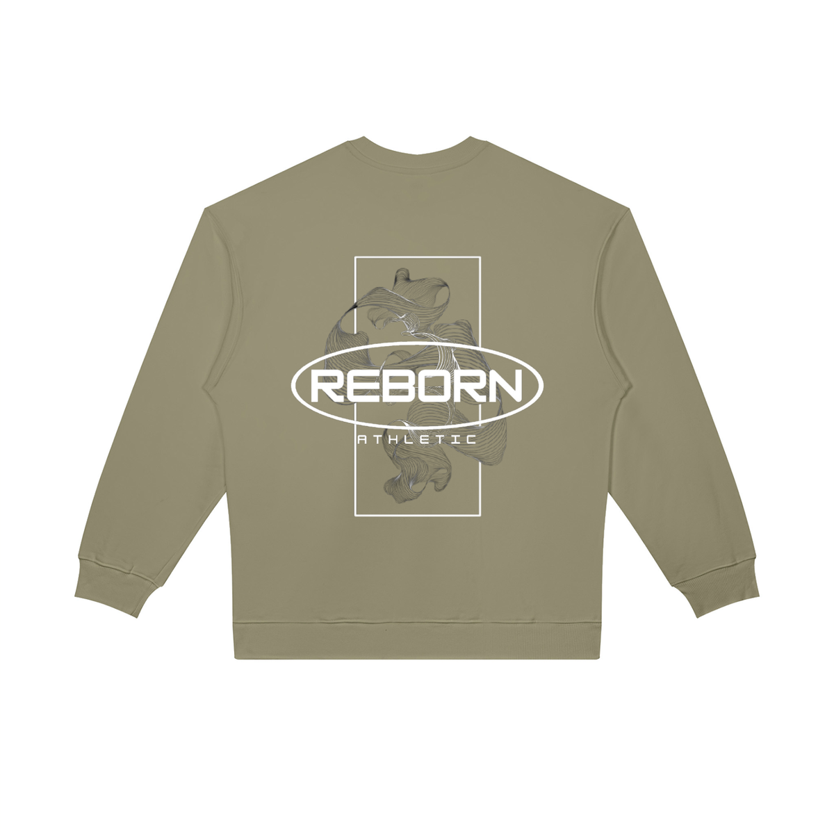 Oversized Crewneck Sweatshirt in grey green, back view with large Reborn oval logo graphic