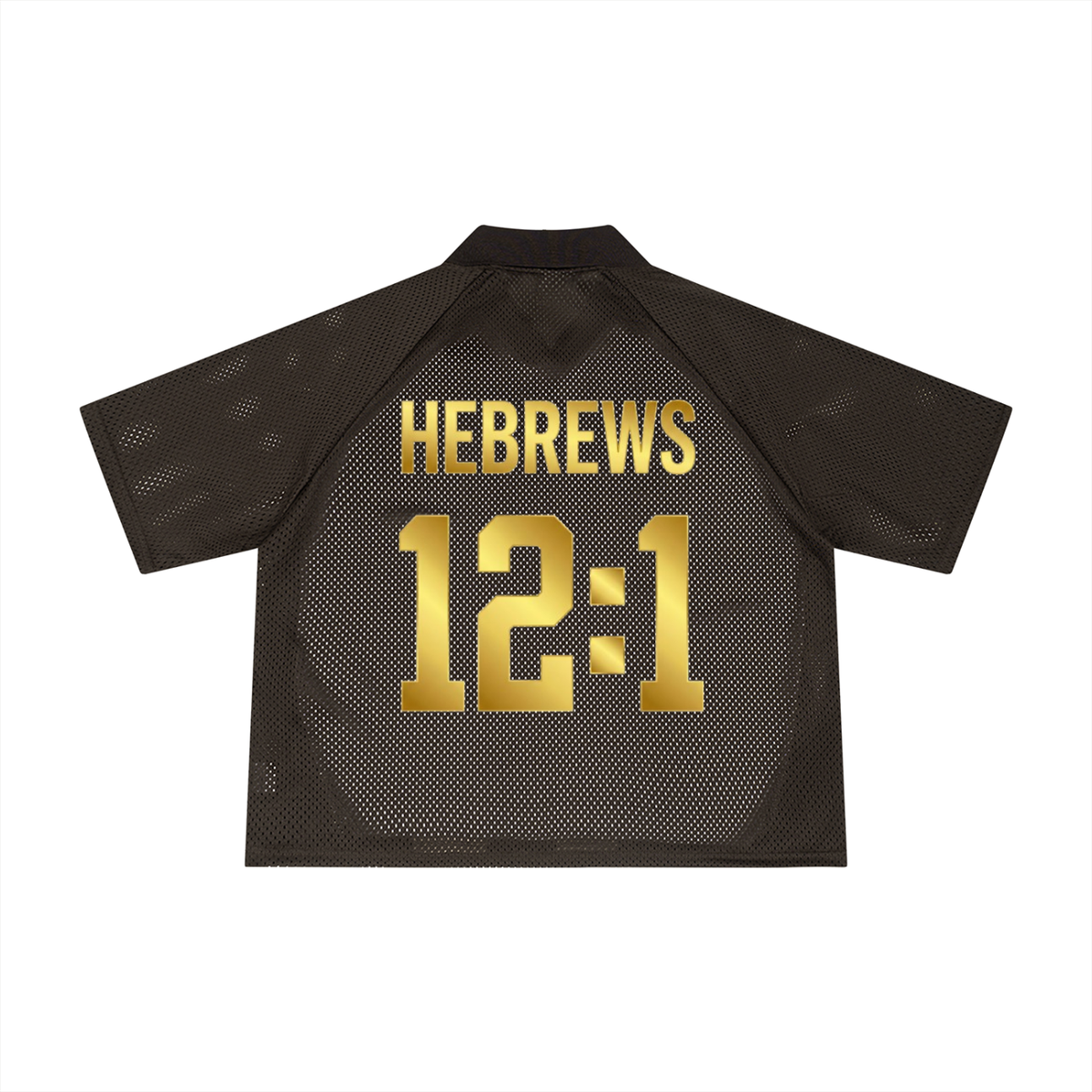 Vintage Mesh Football Jersey in coffee with apricot, back view with gold Hebrews 12:1 print