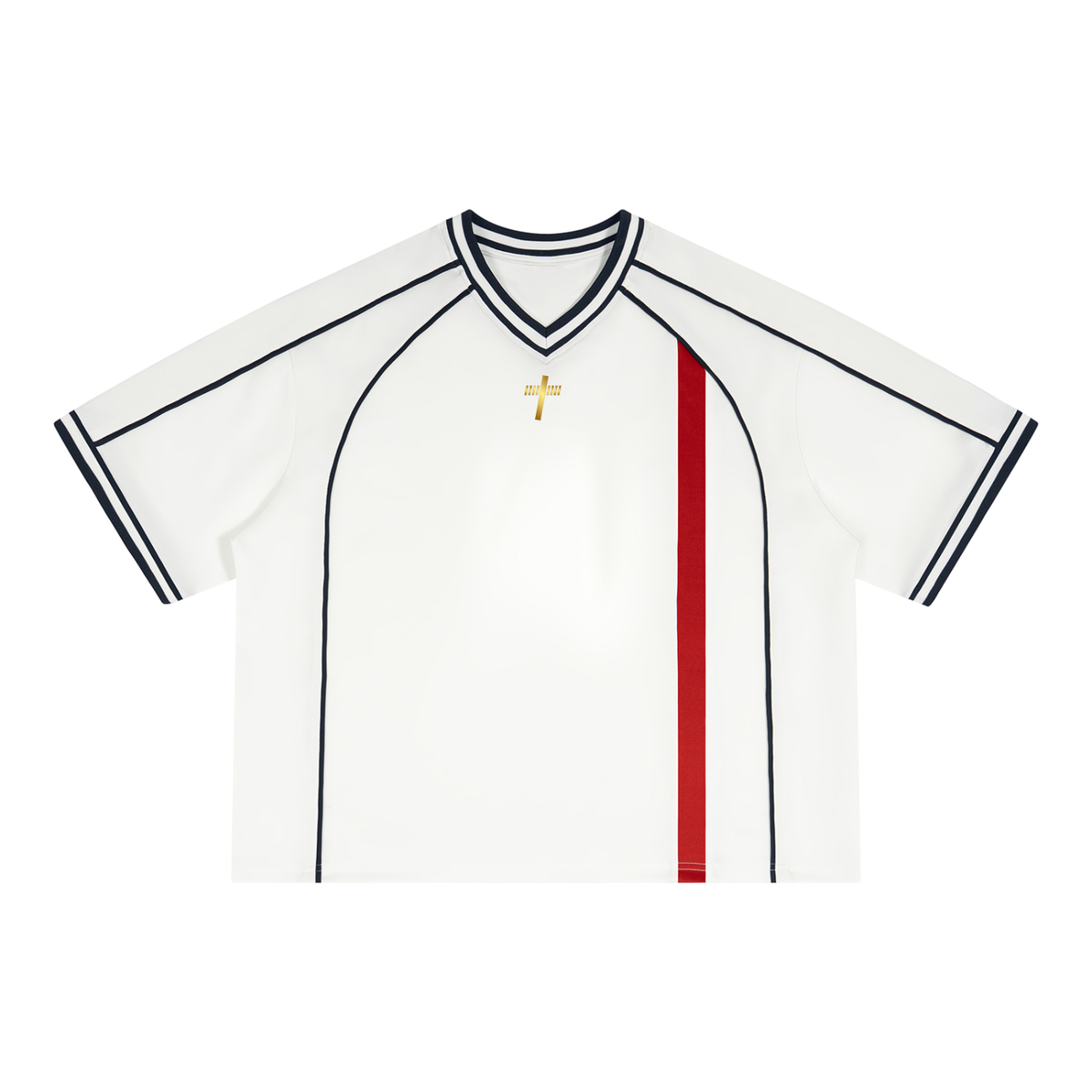 Vintage V-Neck Football Jersey in white with red, front view with contrast piping and stripe
