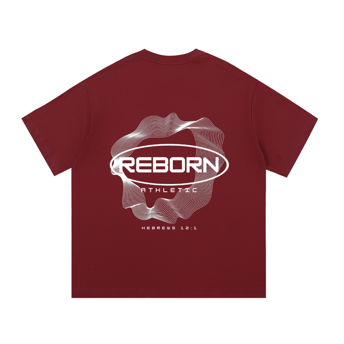 Essential Tee V2 oversized t-shirt in wine red, back view with large Reborn oval logo graphic