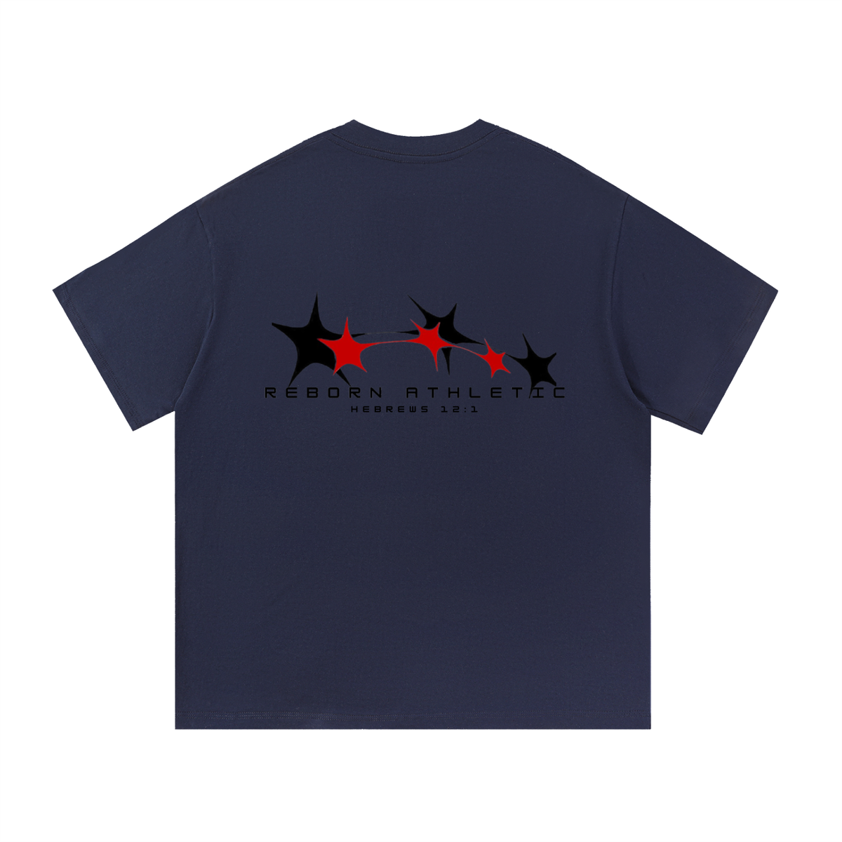 Essential Tee V1 oversized t-shirt in navy blue, back view with three-star Reborn Athletic graphic