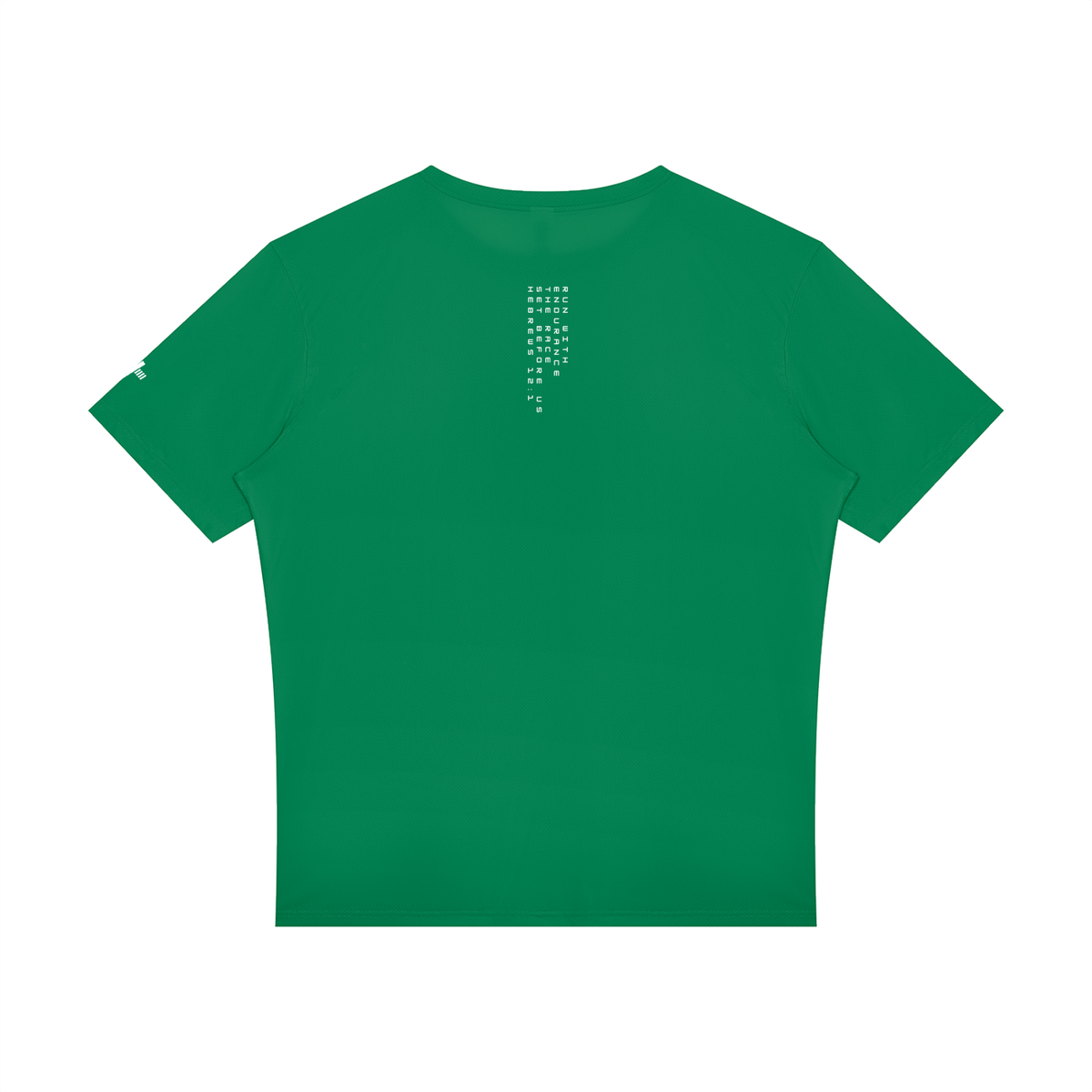 Raglan Reflective Tee in grass green, back view with small print below the collar