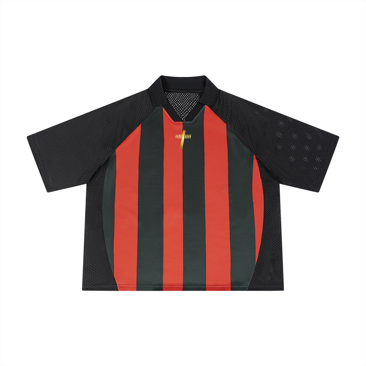 Vintage Mesh Football Jersey in black with red, front view with vertical stripes and mesh raglan sleeves