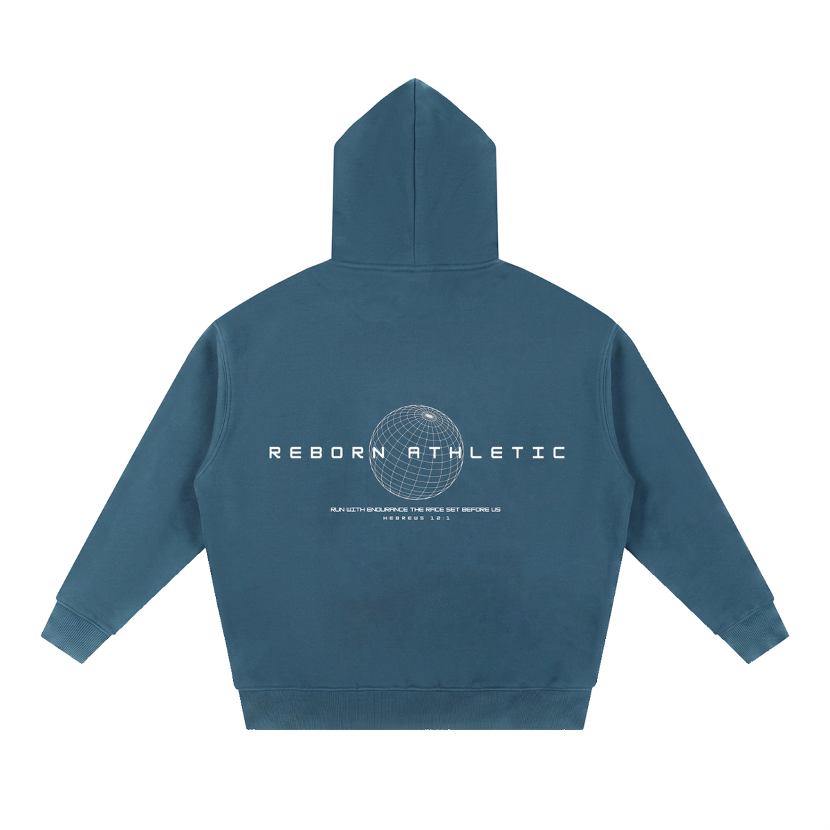 Essential Oversized Hoodie in haze blue, back view with globe graphic, Reborn Athletic and Hebrews 12:1 print