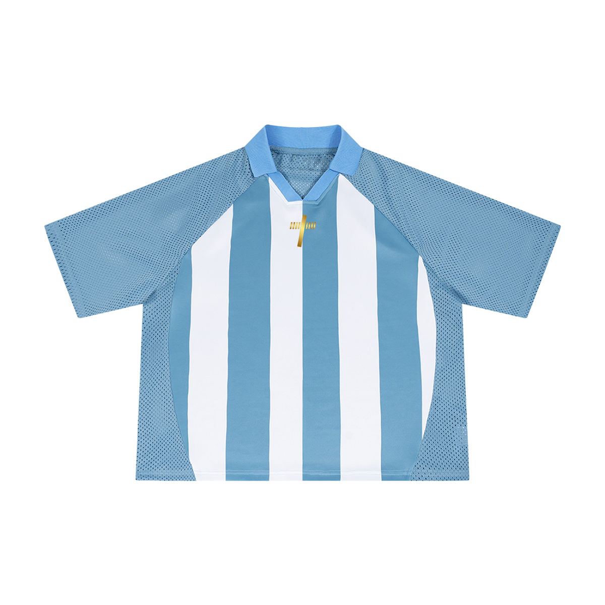 Vintage Mesh Football Jersey in sky blue with white, front view with vertical stripes and mesh raglan sleeves
