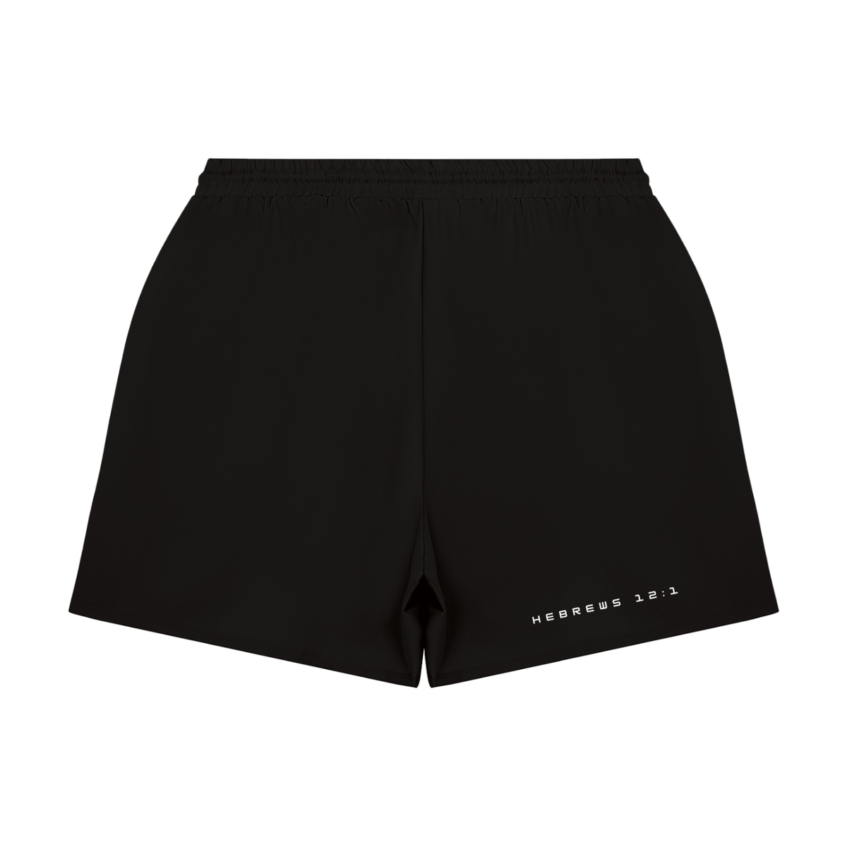 Black 2-in-1 performance compression shorts, back view with Hebrews 12:1 printed on the leg