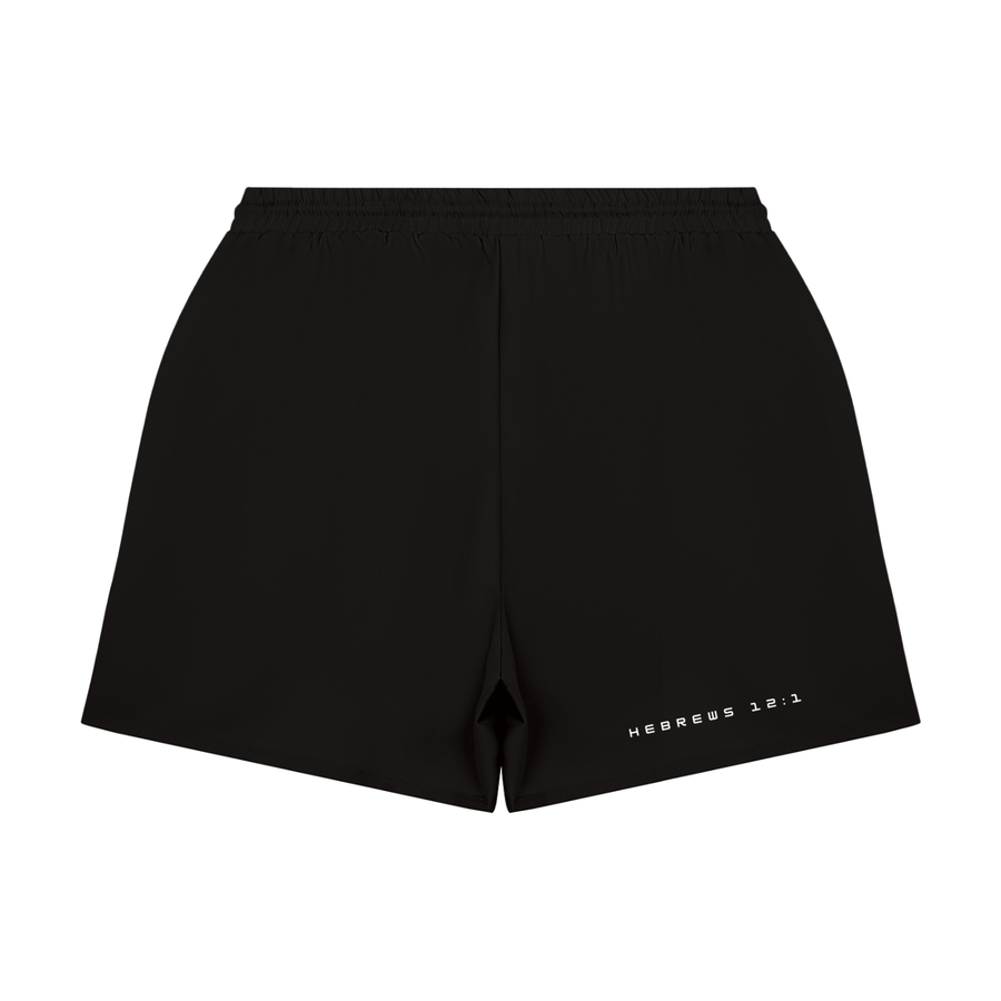 Black 2-in-1 performance compression shorts, back view with Hebrews 12:1 printed on the leg