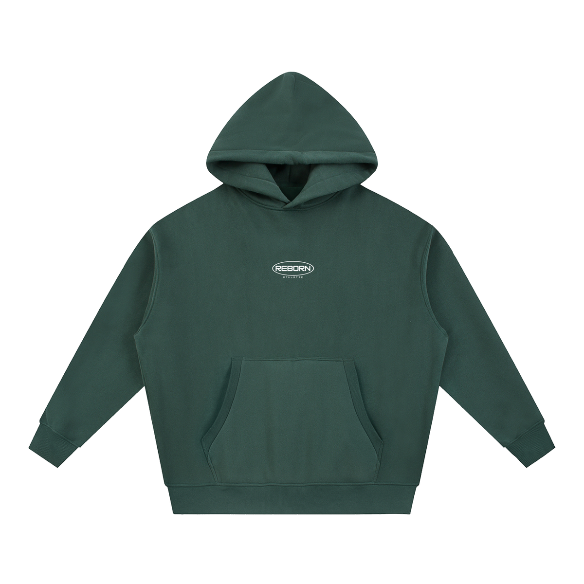 Essential Oversized Hoodie in dark green, front view with small Reborn chest logo